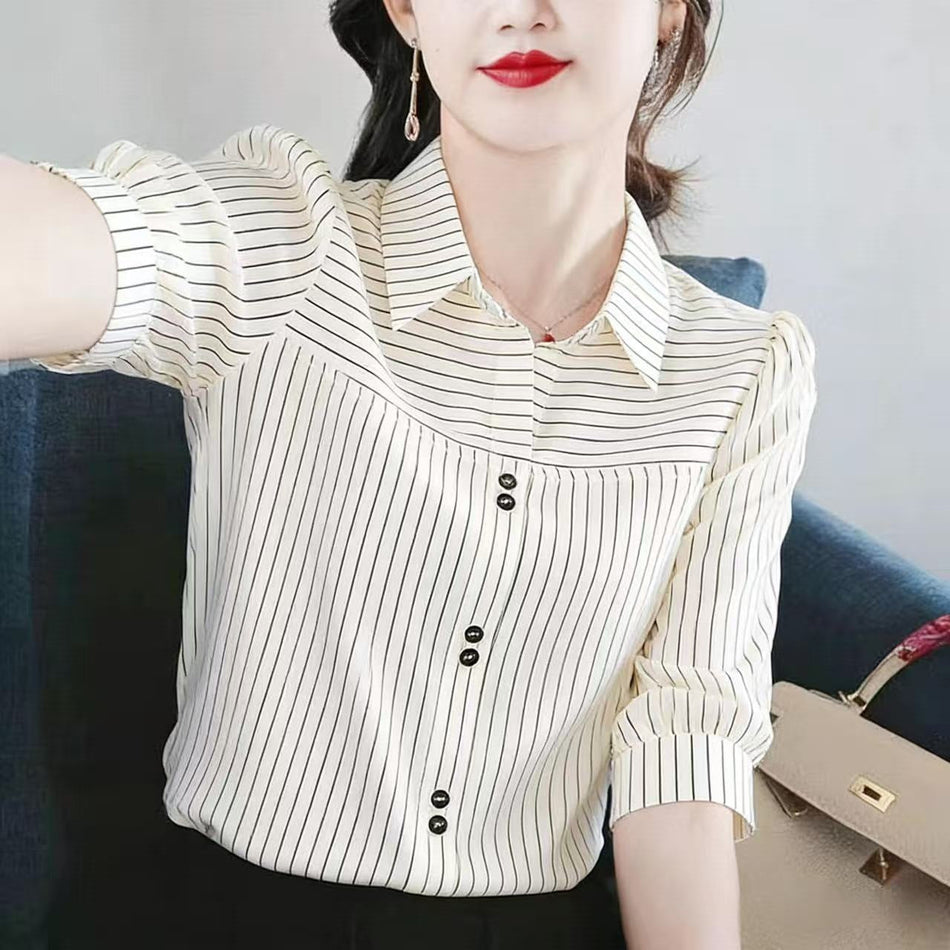 Women's Elegant Striped Three Quarter Sleeve Pullover Shirt