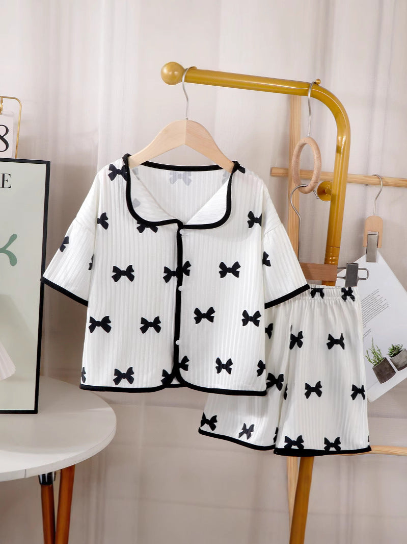 Girls' Ice Silk Lapel Short Sleeve Pajama Homewear Set