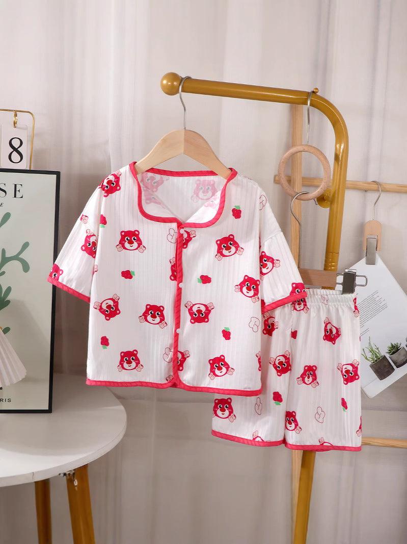 Girls' Ice Silk Lapel Short Sleeve Pajama Homewear Set