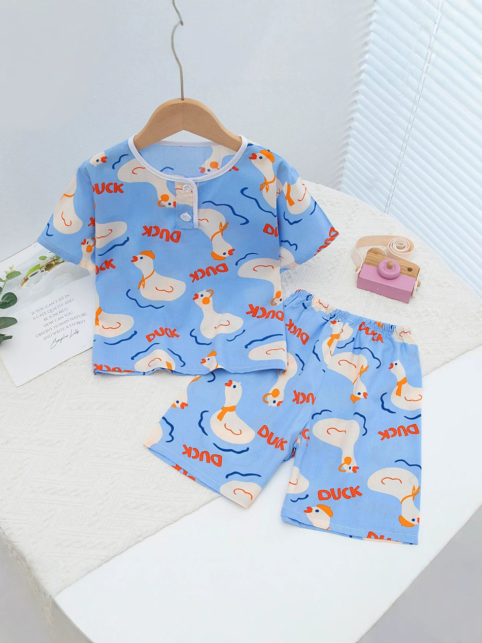 Kids' Cotton Silk Cartoon Short Sleeve Pajama Set
