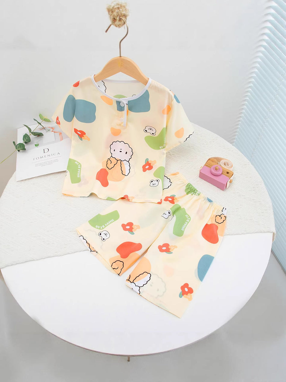 Kids' Cotton Silk Cartoon Short Sleeve Pajama Set