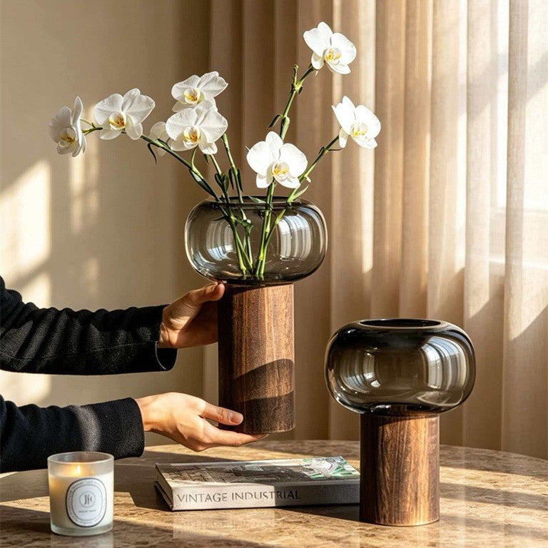 Flat Round Wooden Pier Glass Vase for Elegant Floral Displays