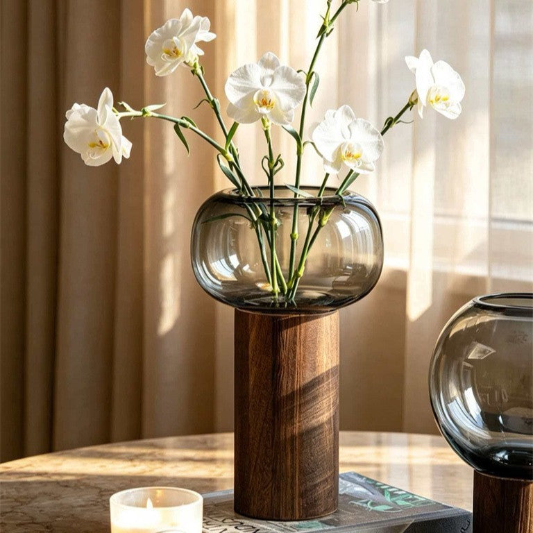 Flat Round Wooden Pier Glass Vase for Elegant Floral Displays