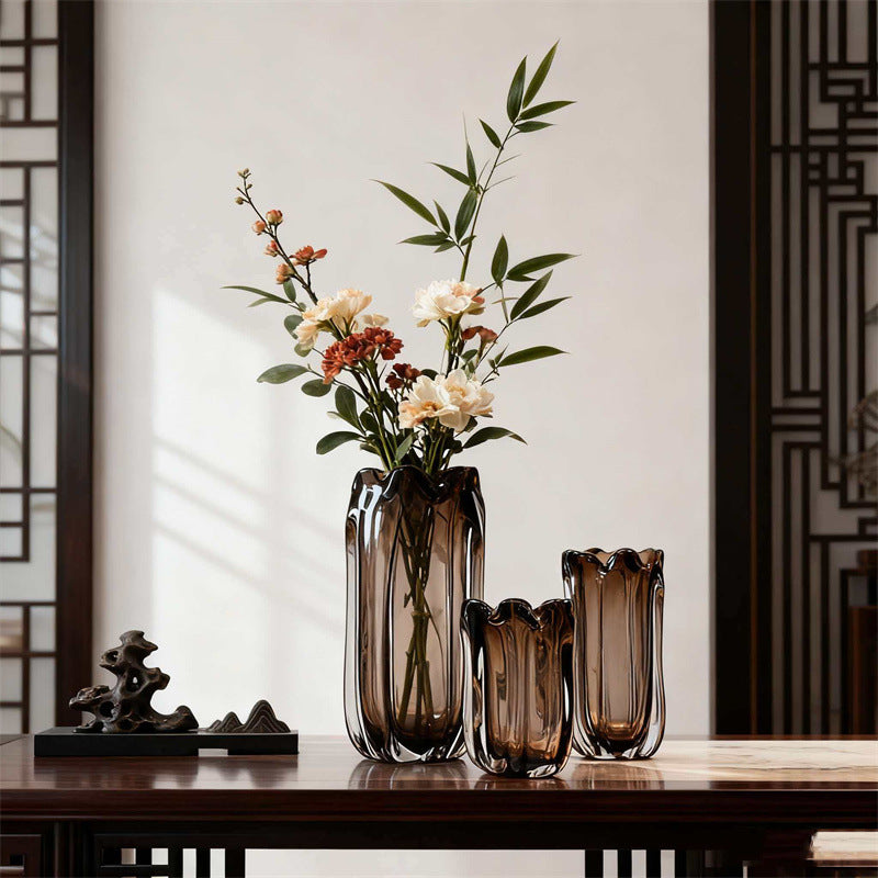 New Chinese Petal Brown Crystal Glass Vase for Elegant Home Décor