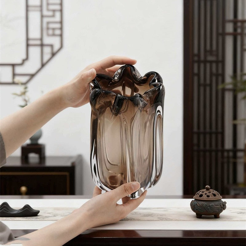 New Chinese Petal Brown Crystal Glass Vase for Elegant Home Décor