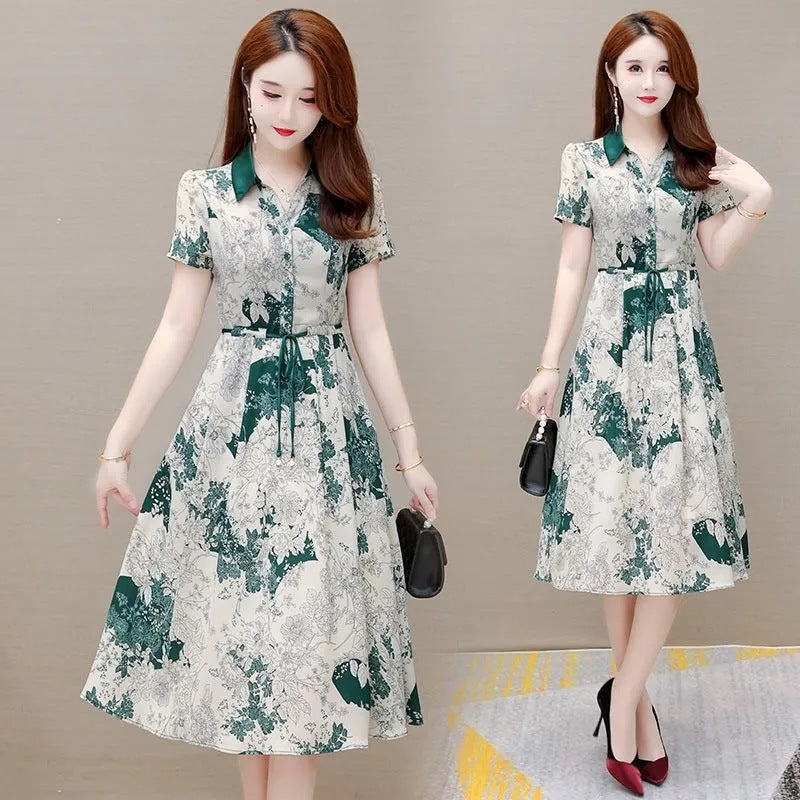 Women's Printed V-Neck A-Line Midi Dress with Tie Waist