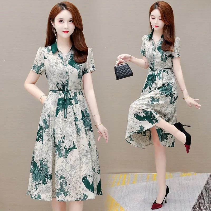 Women's Printed V-Neck A-Line Midi Dress with Tie Waist