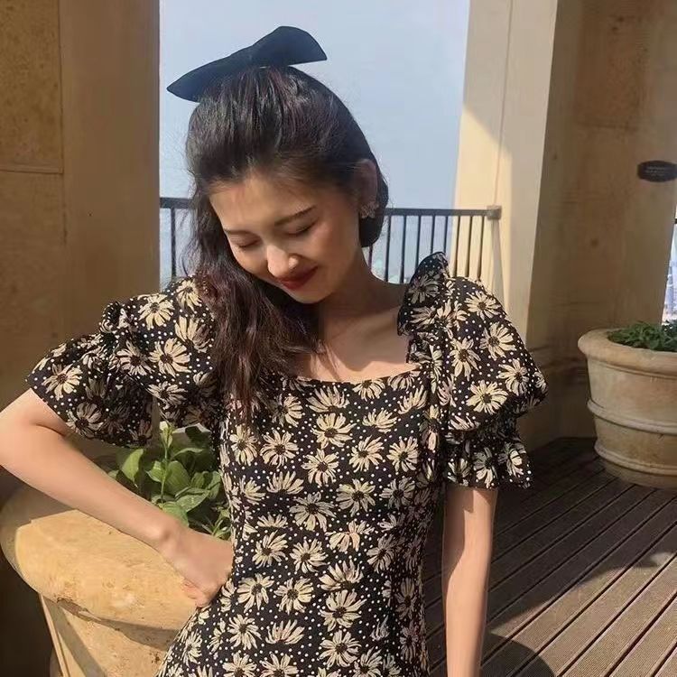 Women's Printed A-Line Midi Dress with Square Neck