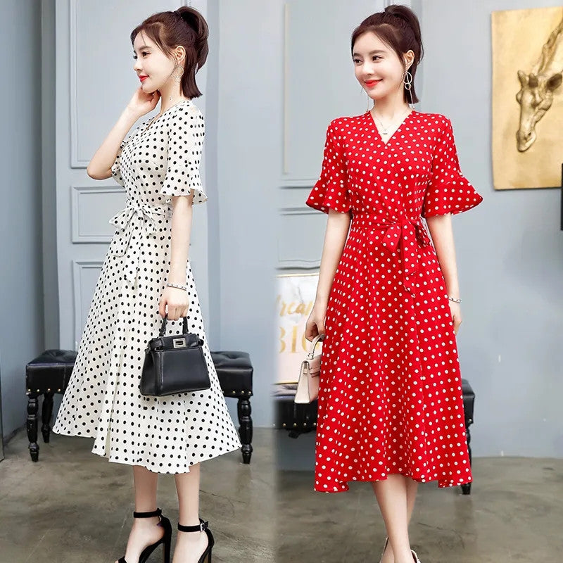 Women's Polka Dot Midi Dress with High Waist and Polo Collar