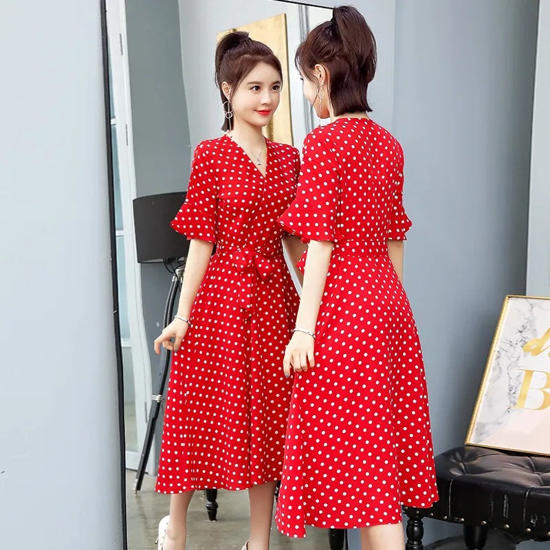 Women's Polka Dot Midi Dress with High Waist and Polo Collar