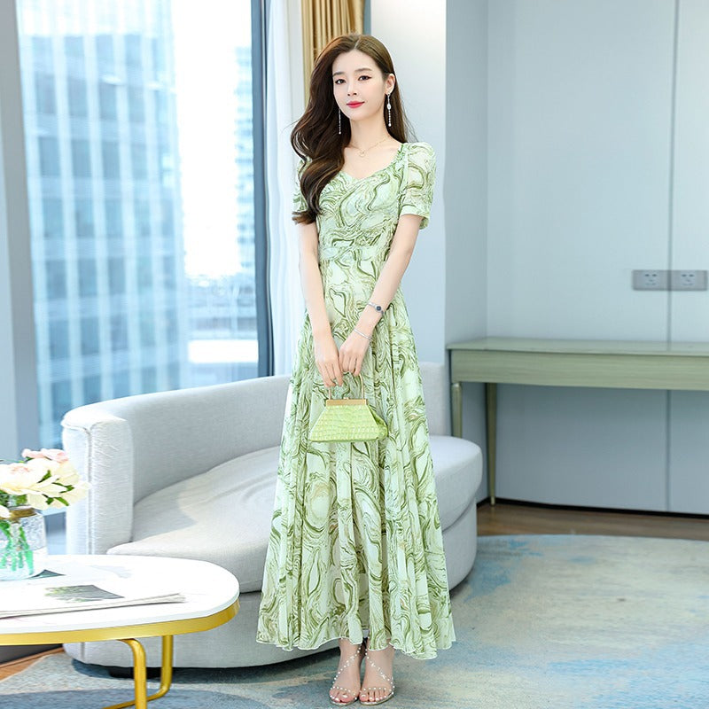 Women's Floral Print A-Line Midi Dress with Short Sleeves
