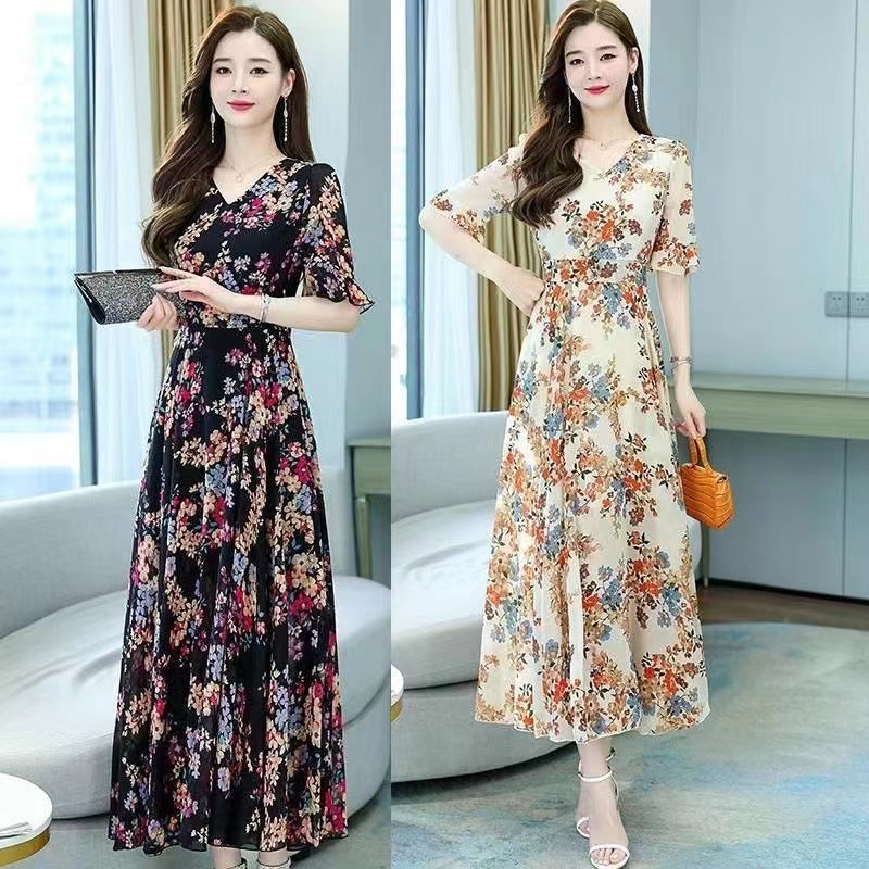 Plus Size Floral Ice Silk Midi Dress with High Waist