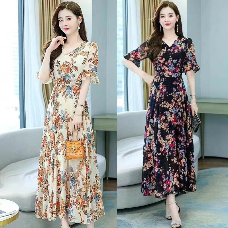 Plus Size Floral Ice Silk Midi Dress with High Waist