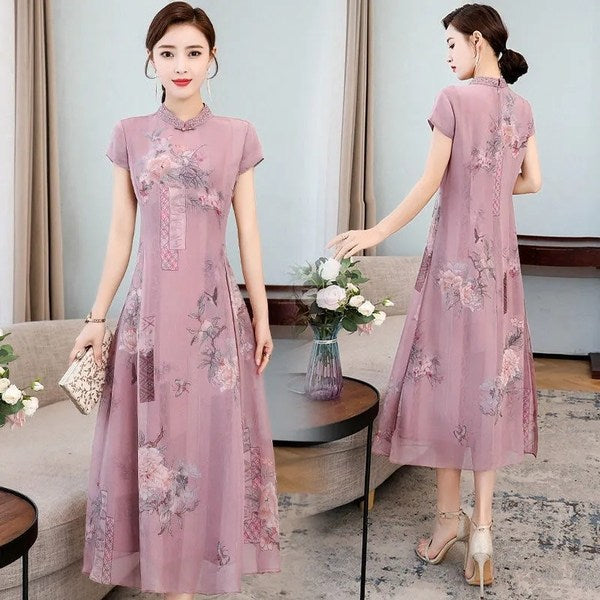 Women's Mandarin Collar A-Line Maxi Dress
