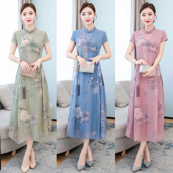 Women's Mandarin Collar A-Line Maxi Dress