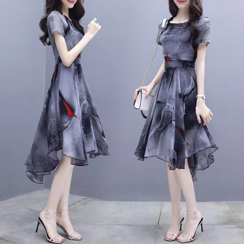 Women's Printed Chiffon-Style Midi Dress with Polo Collar