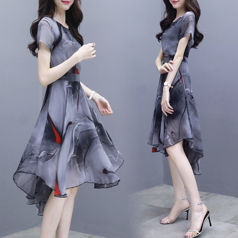 Women's Printed Chiffon-Style Midi Dress with Polo Collar