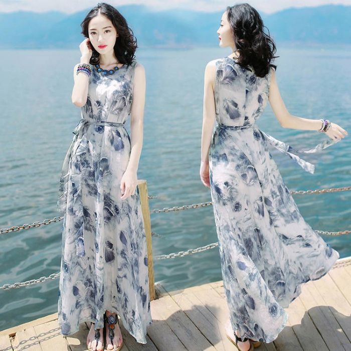 Women's Floral Milk Silk Midi Dress with High Waist