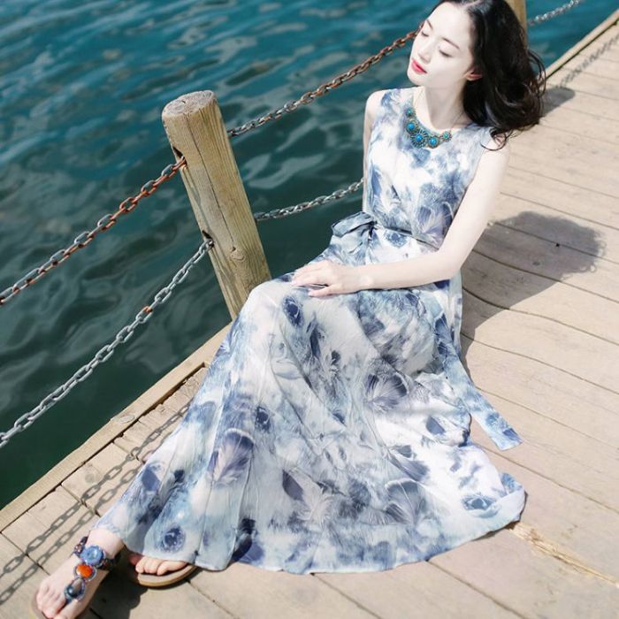 Women's Floral Milk Silk Midi Dress with High Waist