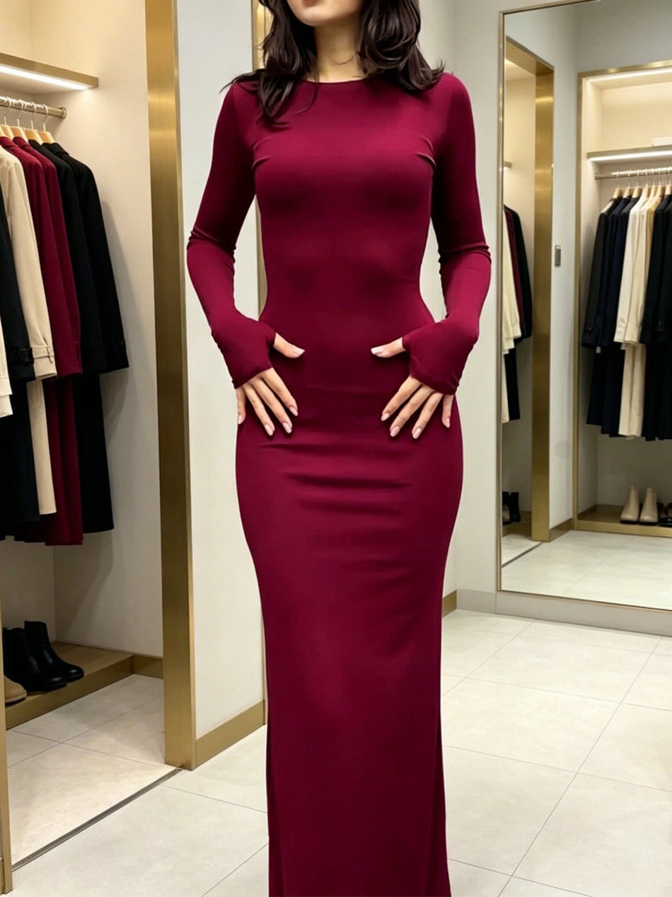 Women's Long Sleeve Bodycon Maxi Dress with Round Neck