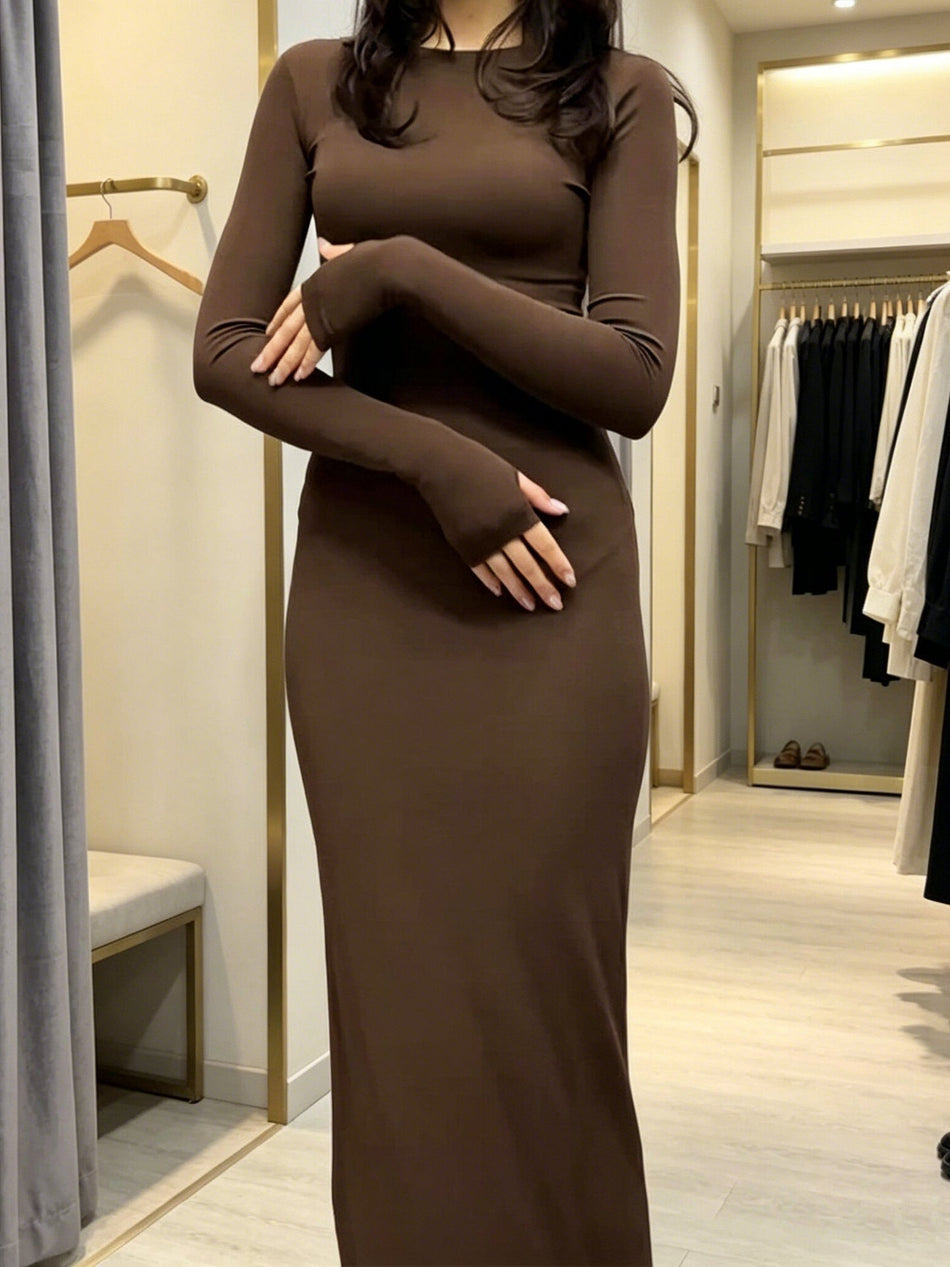 Women's Long Sleeve Bodycon Maxi Dress with Round Neck