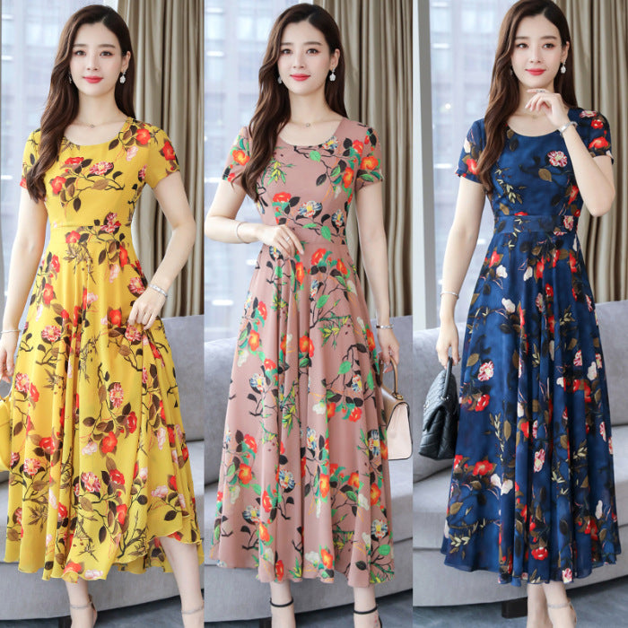 Women's Floral Ruffle Maxi Dress with Round Neck