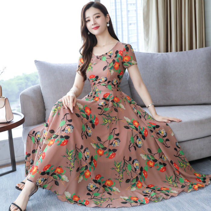 Women's Floral Ruffle Maxi Dress with Round Neck