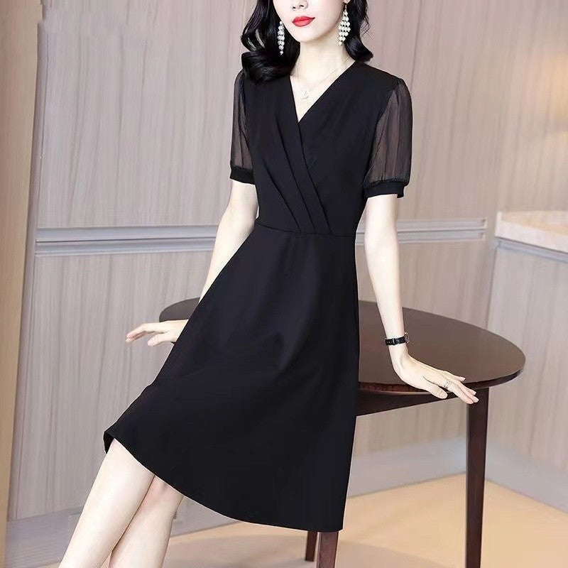 Women's Elegant Black A-Line Maxi Dress with High Neck