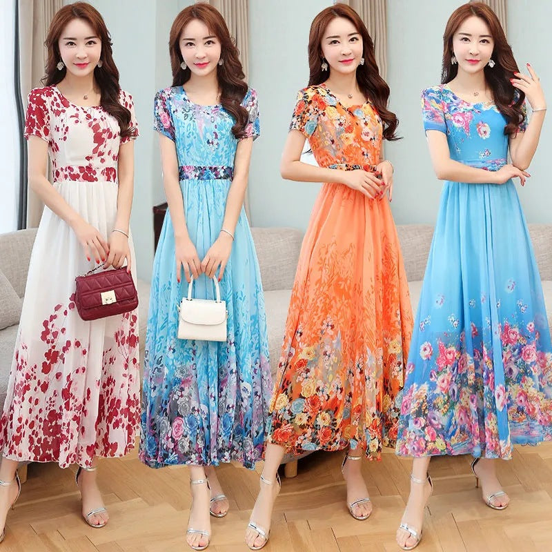 Women's Floral A-Line Midi Dress with Short Sleeves