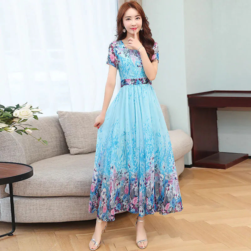 Women's Floral A-Line Midi Dress with Short Sleeves