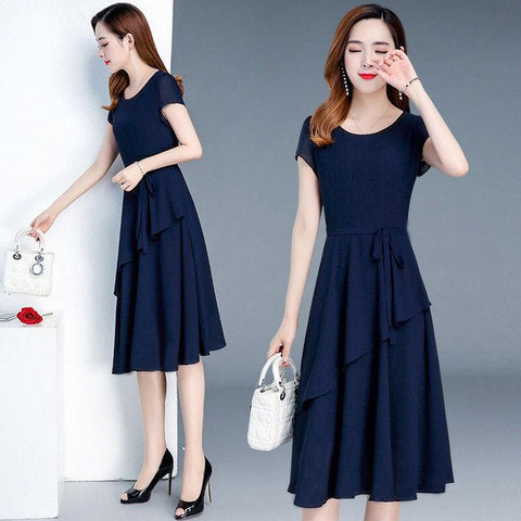 Women's Lace-Up A-Line Midi Dress with Short Sleeves