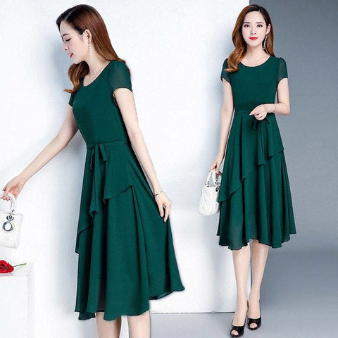 Women's Lace-Up A-Line Midi Dress with Short Sleeves