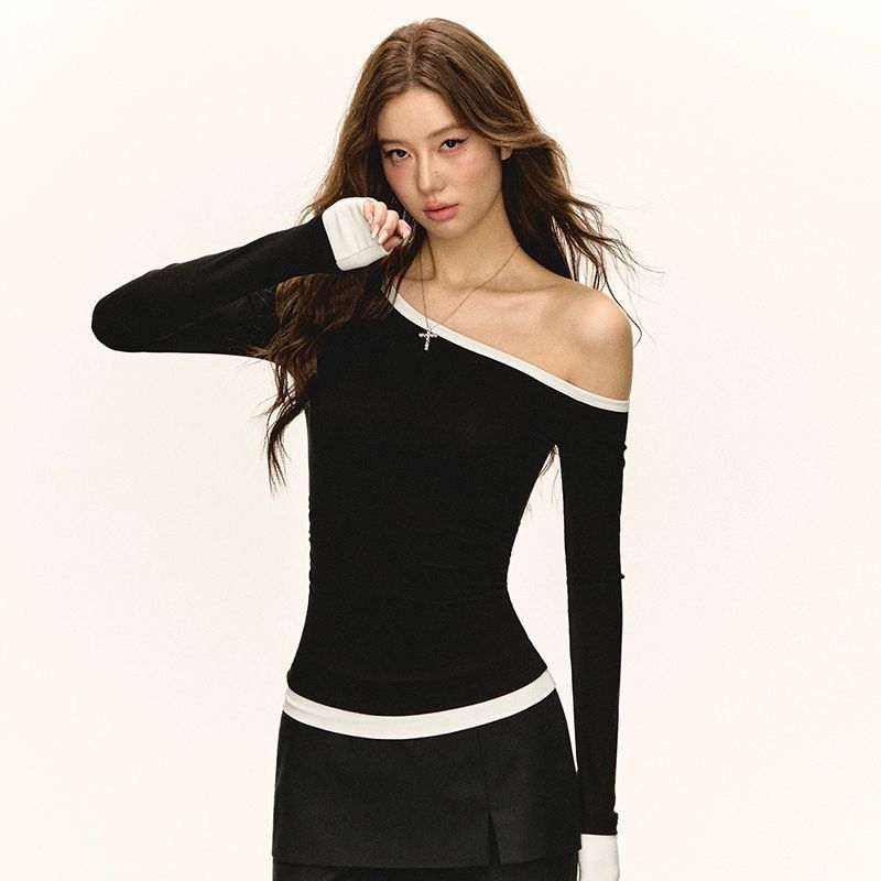 Women's One-Shoulder Color Block Long Sleeve Slim Fit T-Shirt