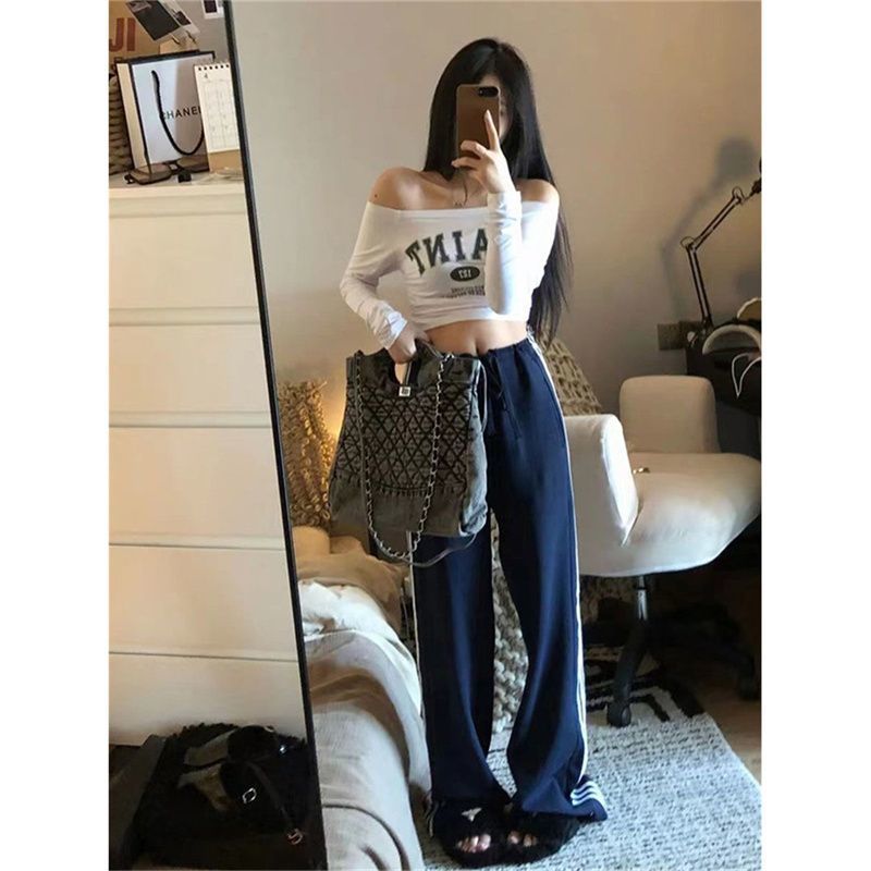 Women's Off-Shoulder Letter Print Long Sleeve Slim Fit T-Shirt