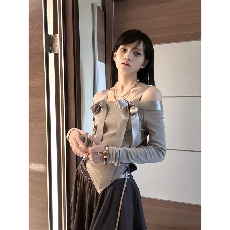 Women's Off-Shoulder Ribbon Long Sleeve Slim Fit T-Shirt