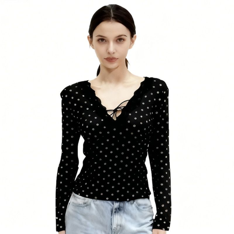Women's Lace Trim V-Neck Long Sleeve Slim Fit T-Shirt