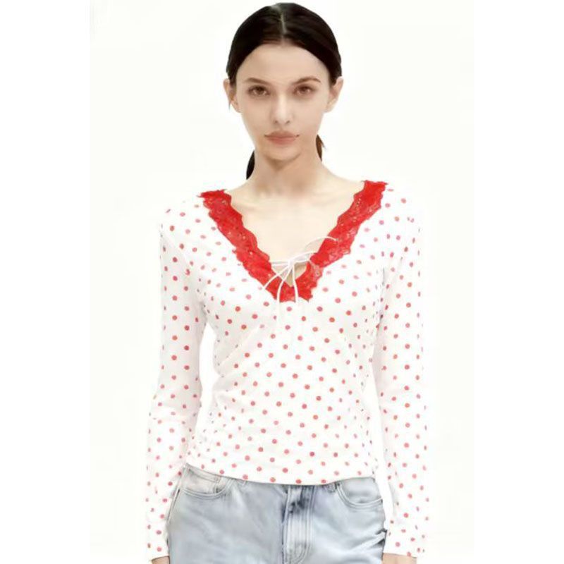 Women's Lace Trim V-Neck Long Sleeve Slim Fit T-Shirt
