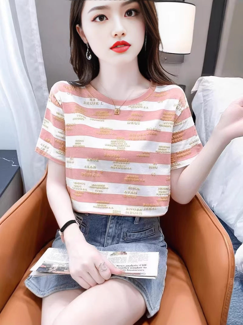 Women's Striped Letter Print Round Neck Short Sleeve T-Shirt