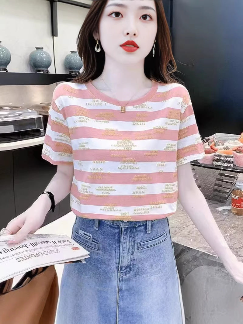 Women's Striped Letter Print Round Neck Short Sleeve T-Shirt