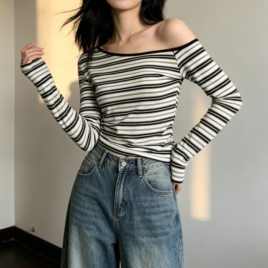 Women's Off-Shoulder Striped Long Sleeve Slim Fit T-Shirt