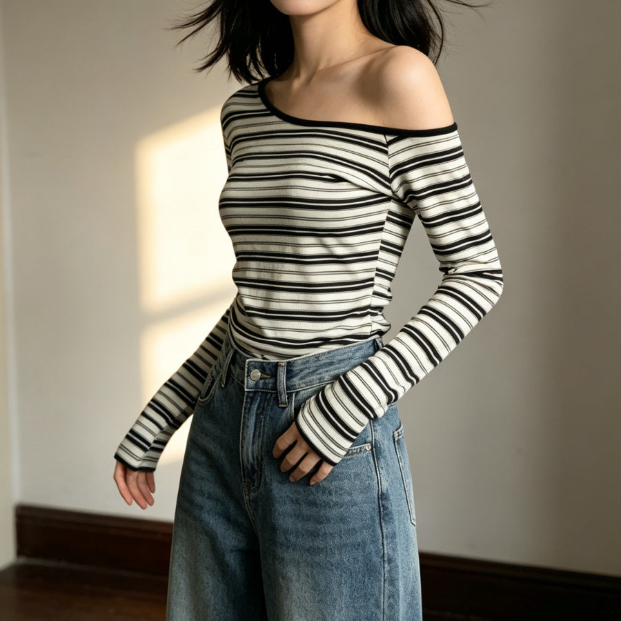 Women's Off-Shoulder Striped Long Sleeve Slim Fit T-Shirt