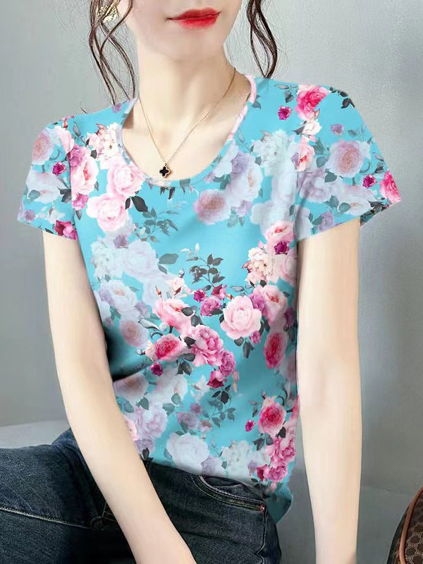 Plus Size Printed Ice Silk Round Neck Short Sleeve T-Shirt