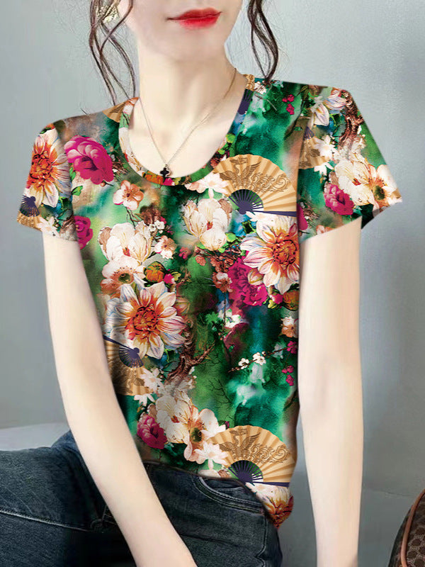Plus Size Printed Ice Silk Round Neck Short Sleeve T-Shirt