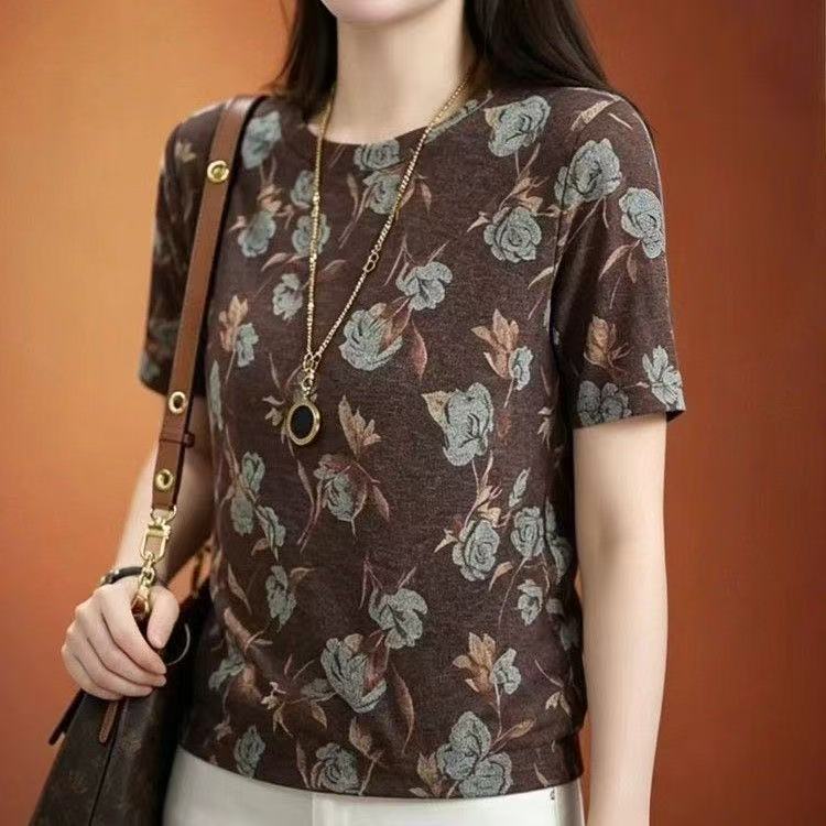 Women's Floral Print Round Neck Short Sleeve T-Shirt