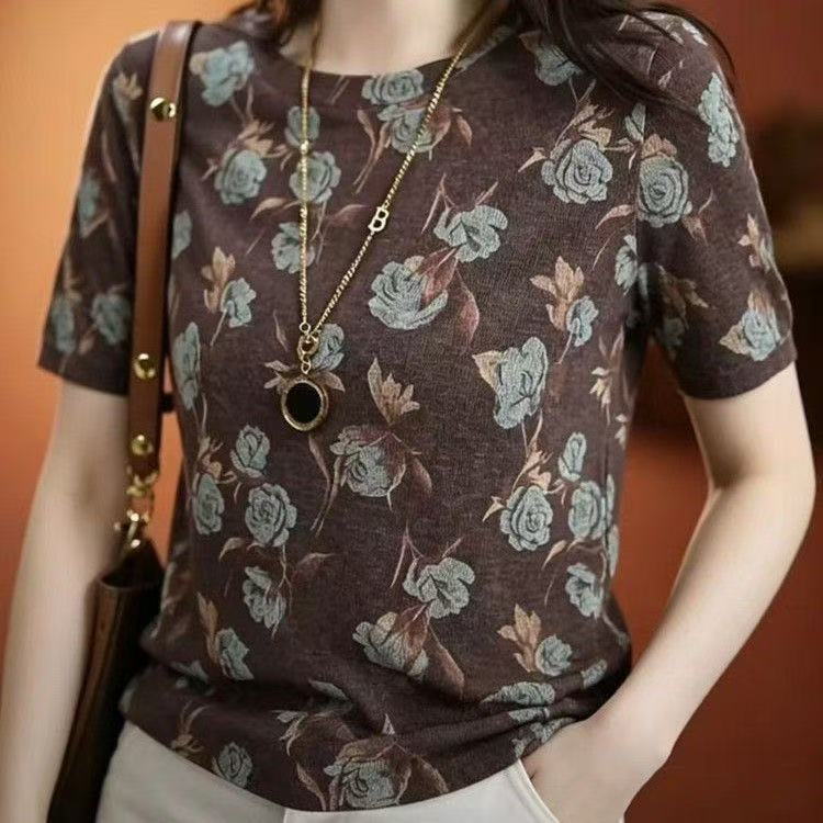 Women's Floral Print Round Neck Short Sleeve T-Shirt