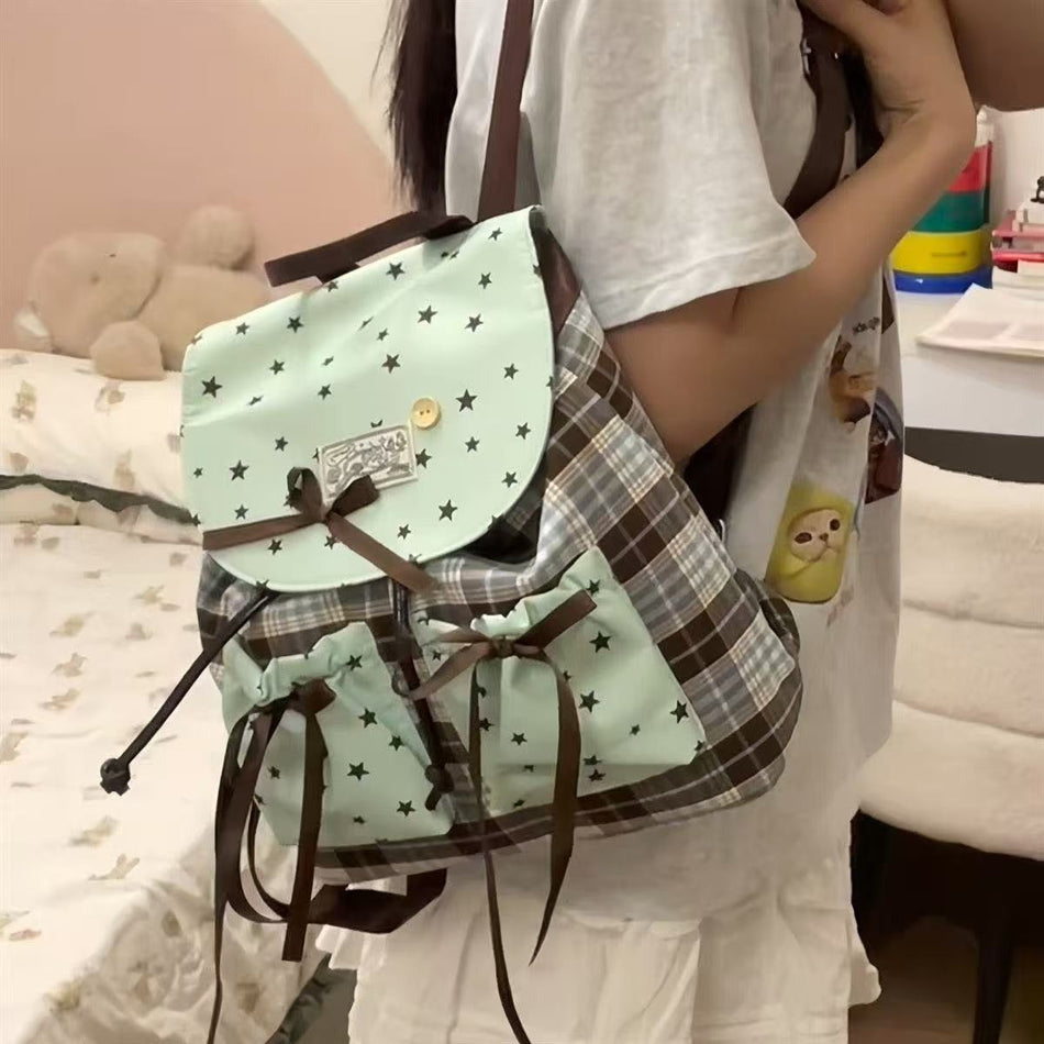 Mint Green Plaid Bow Kids Fashion Backpack