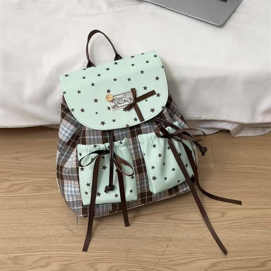 Mint Green Plaid Bow Kids Fashion Backpack