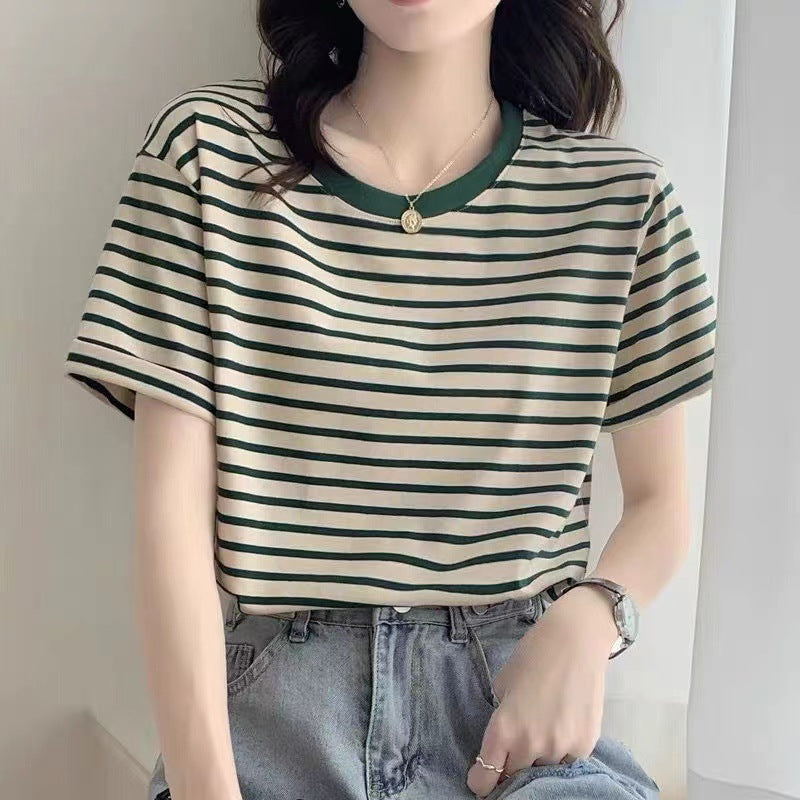 Women's Striped Round Neck Short Sleeve Relaxed Fit T-Shirt