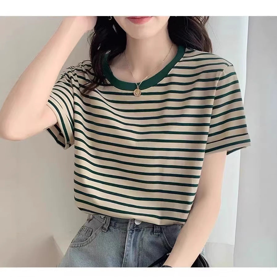Women's Striped Round Neck Short Sleeve Relaxed Fit T-Shirt