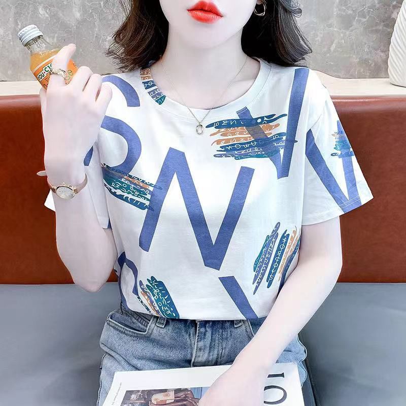 Women's White Letter Print Round Neck Short Sleeve T-Shirt